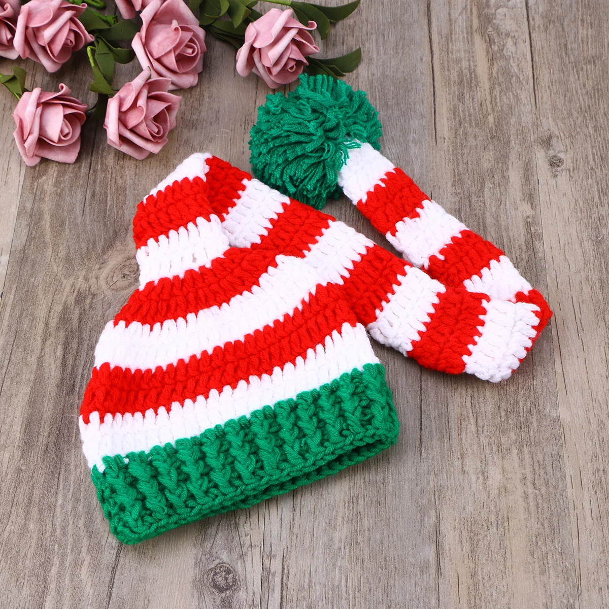 الكروشيه اليدوية ذيل طويل الوليد قبعة داكنة الحجم L مرونة تنفس عيد الميلاد قبعة الطفل صور الدعامة الرضع