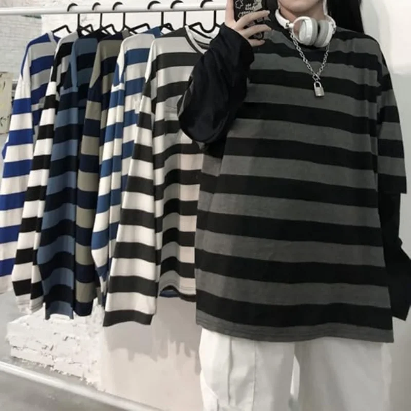 Y2k Gestreiftes Sweatshirt Tops Patchwork Gothic Grunge Langarm Übergroßes T-Shirt Harajuku Streetwear Academia Hip Hop T-Shirt