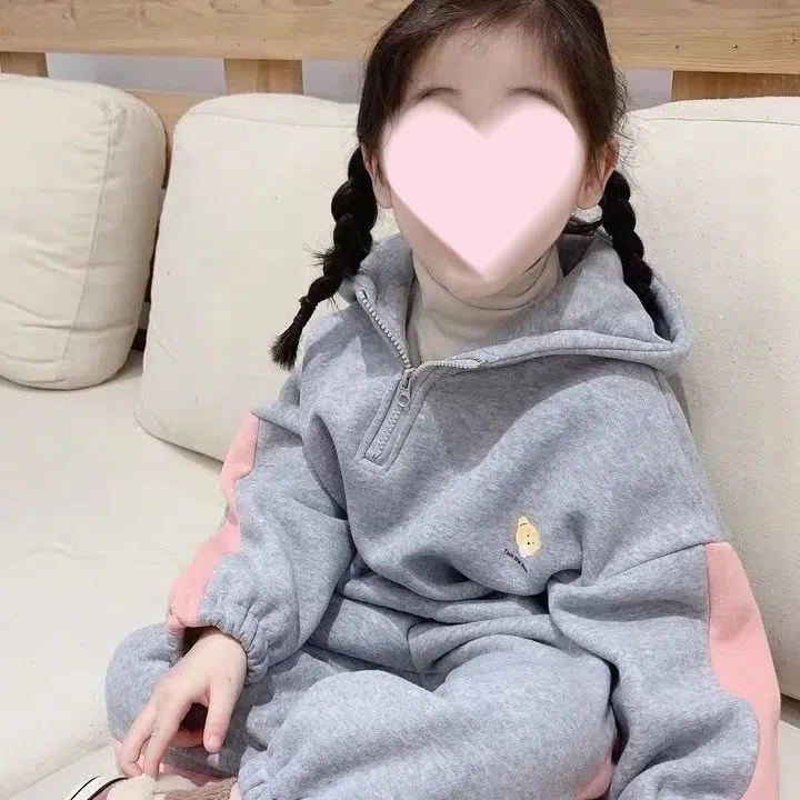 Autumn Winter Children Girl 2pcs Suit Elementary Girl Hooded Half Zip Sweatshirts+Striped Sweatpants Child Workout Sets 1-6Yrs