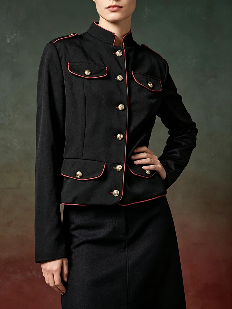 Chaquetas de estilo británico para mujer de la marca Yeezzi, con cuello alto, detalles de ribete en contraste, mangas largas, botones dorados y un diseño elegante, ideales para llevar al trabajo o como prenda de abrigo.