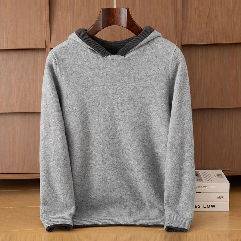 Thickened Hooded 100% Pure Wool Men's Double-Sided Hooded Sweatshirt 2025 Autumn Winter Loose Pullover Casual Knitted Sweatshirt
