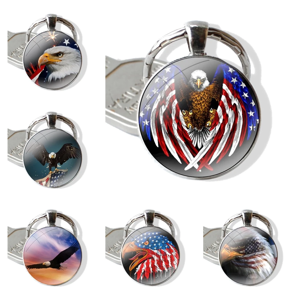 American Bald Eagle Painted Glass Metal Pendant Key Chain Classic Men Women Key Ring Accessories Jewelry Gifts