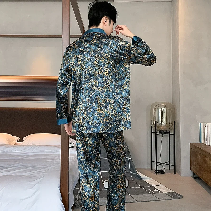 Long Sleeve Mens Stain Silk Pajama Sets Short Sleeve Shorts Men Pijama Printed Pajamas Men Sleepwear Thin Silk Pajama For Men