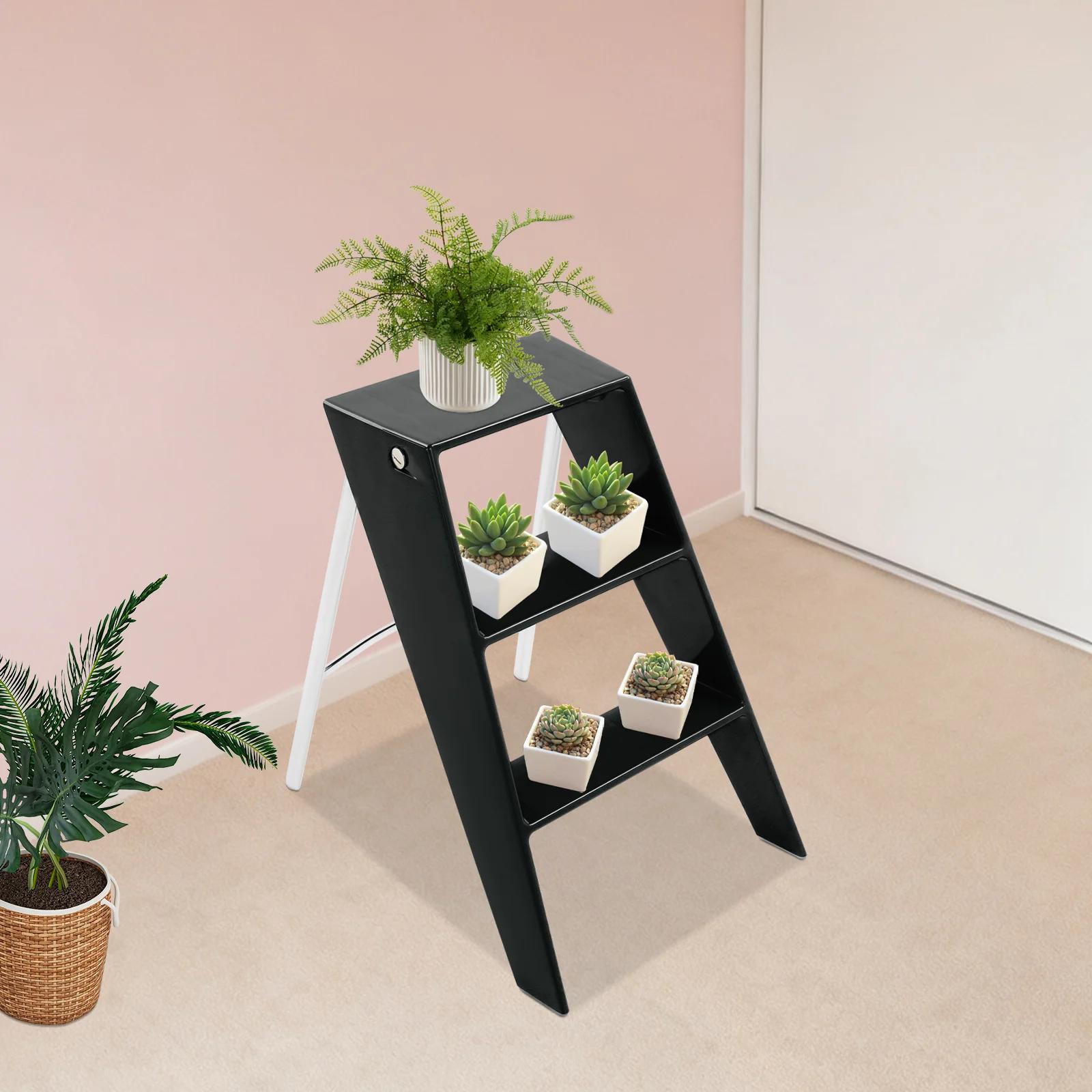 أسود PC الحديد 44*58*61 سنتيمتر ثلاث خطوات متعرجة سلم البراز للطي متعددة الوظائف تخزين الرف سلم تخزين المنزل