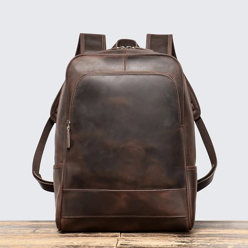 

Vintage Men's Crazy Horse Leather Backpack Luxury Fashion Travel Large Capacity College Style Schoolbag Laptop Bag