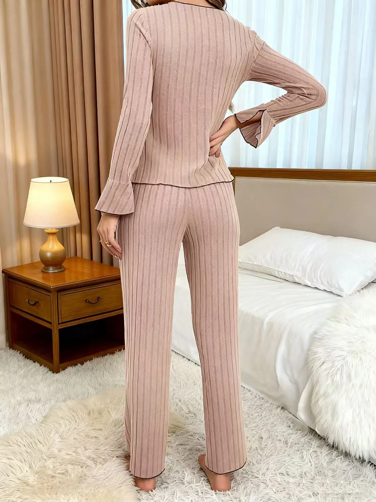 New 2025 Women Spring Casual Pajamas Set Comfortable Sleepwear Sexy Long Sleeve Lapel Solid Rib Homewear Female Loose Loungewear image 6