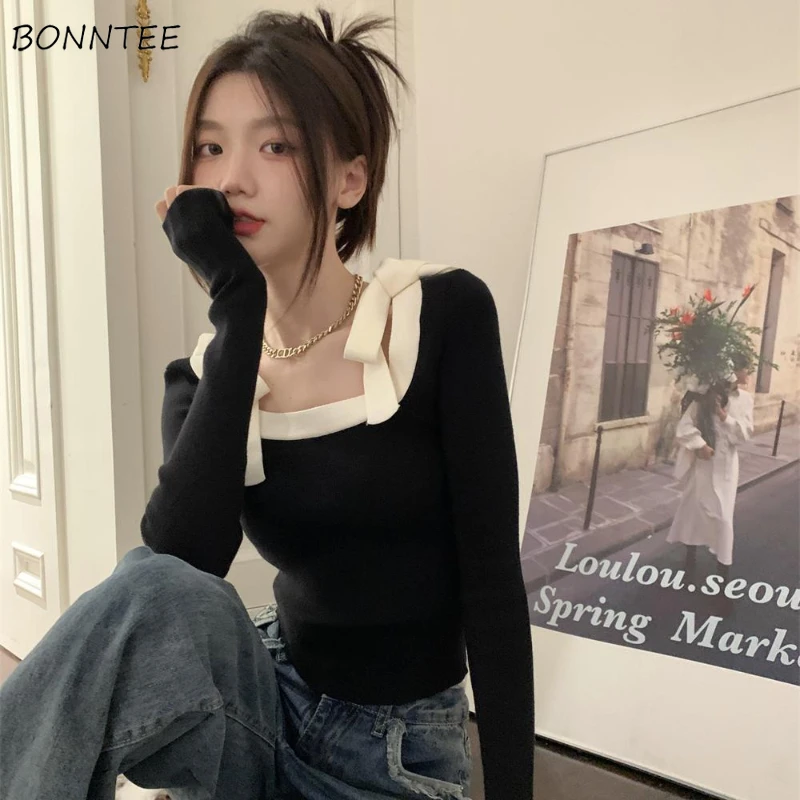 Square-neck Pullovers Women Based Knitting Slim Bow Short Designs Panelled Simple Office Ladies Korean-style Long-sleeves Trendy