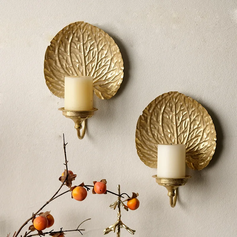Vintage Style Gold Foil Color Wall Mounted Candle Holder Wall Decoration Candlestick Leaf Shaped Decorative Items Home Decor