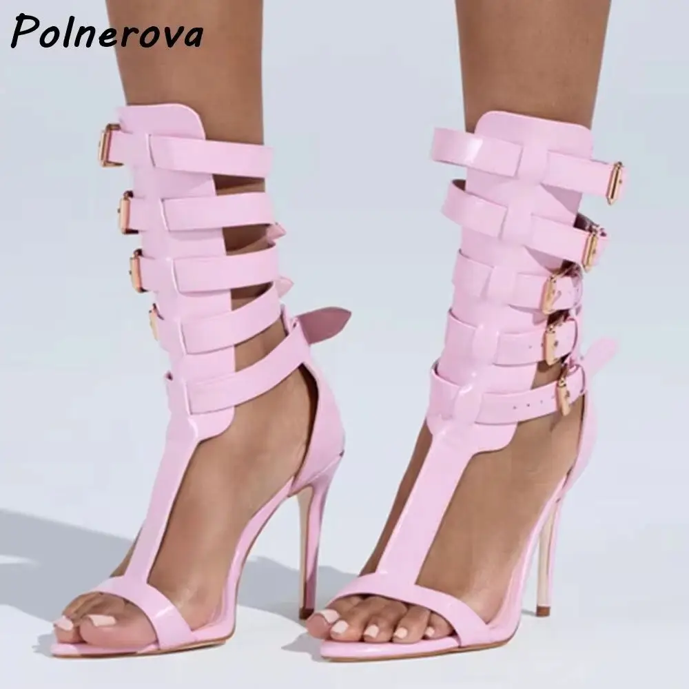 Multi Buckle Pink Stiletto Sandals Women Thin Heels T Strap Open Toe Ankle Strap Shoes Summer Sweet Cool Party Clubwear Shoes