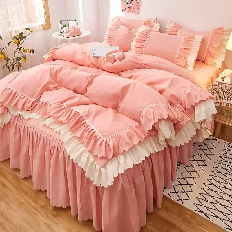 Korean Version Bed Skirt Bedding Four Piece Set Matte Quilt Cover Bed Sheet Princess Style Large Bed Cover Lovely Quilt