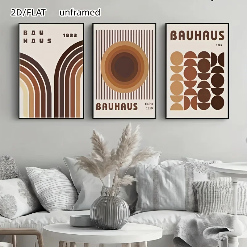 （NOframe 3PCS）-2D Flat, 2d/flat3 Frameless Haus Style Posters, Brown Medieval Modern Prints, Neutral Abstract Minimalist Art,
