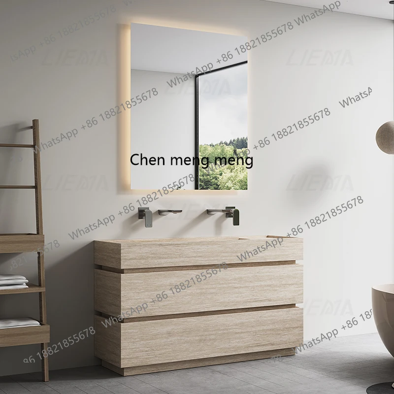 

Beige travertine rock slab floor-to-ceiling hand washing basin cabinet Washing table B & B hotel column basin Bathroom cabinet