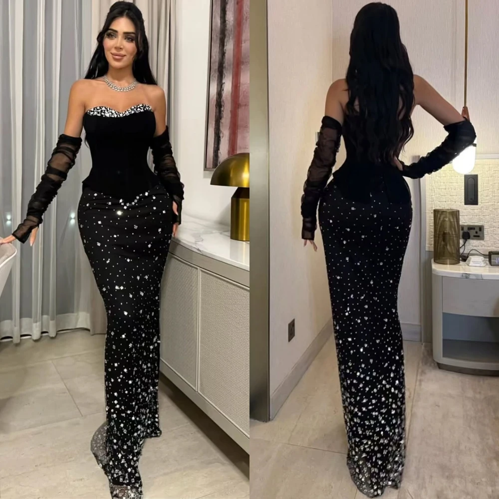 

Customized Elegant Black Organza Evening Dress Formal Strapless Sleeveless Celebrity Gowns Classic Mermaid Crystal Party Dresses