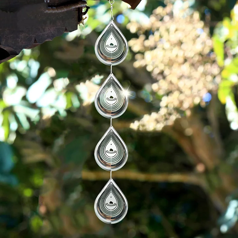 3D Wind Spinner Chime Drop Shape Stainless Steel Rotating WindChime For Both Outdoor Garden And Indoor