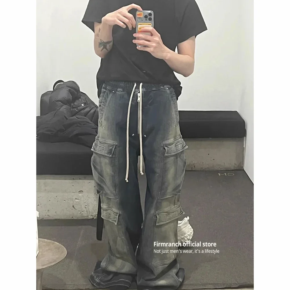 

Firmranch New 2023 RO Gradient Blue Baggy Jeans Overlength Zipper Mopping Denim Wide Pants Oversized Trousers Free Shipping