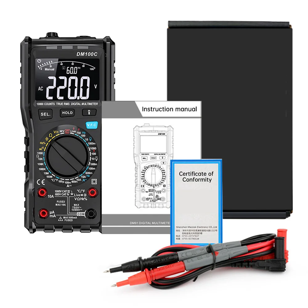 DM100C True-RMS Digital Multimeter Button 10000 Count with Analog Bar Graph AC/DC Voltage Ammeter Current Ohm Manual/Auto