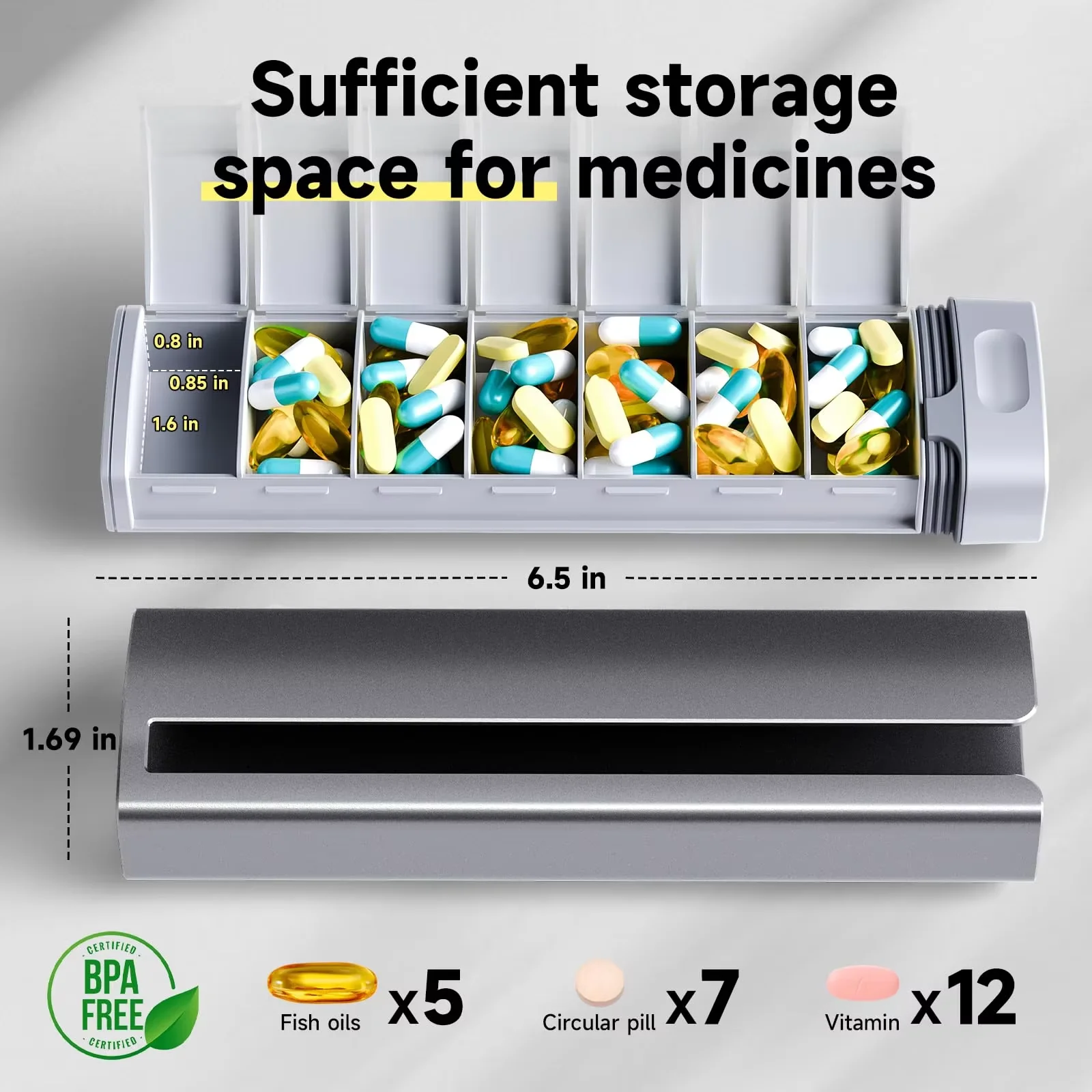 Metal Travel Pill Organizer Premium Aluminum Waterproof 7-Day Weekly Pill Box for Medicines Supplements & Vitamins
