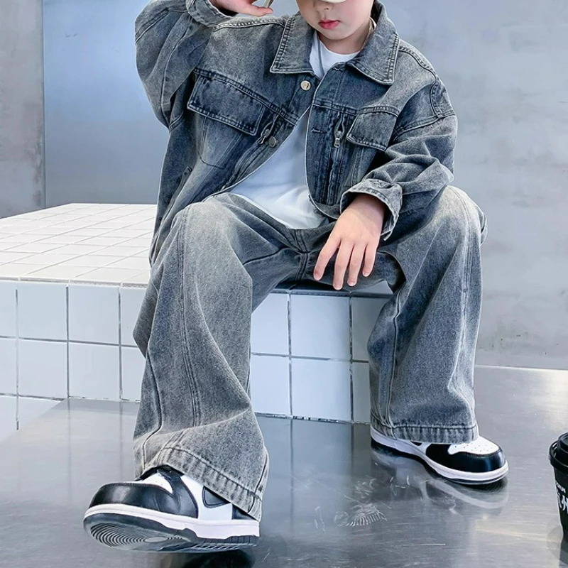 

Весенне-осенний комплект для мальчиков, новинка 2025, детская модная красивая джинсовая одежда, модный детский осенний комплект среднего и большого размера