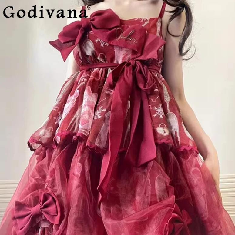 로리타 무대 JSK 보우 레드 서스펜더 드레스 여성 민소매 빅 스윙 크리스마스 드레스 여성 파티 코스프레 드레스