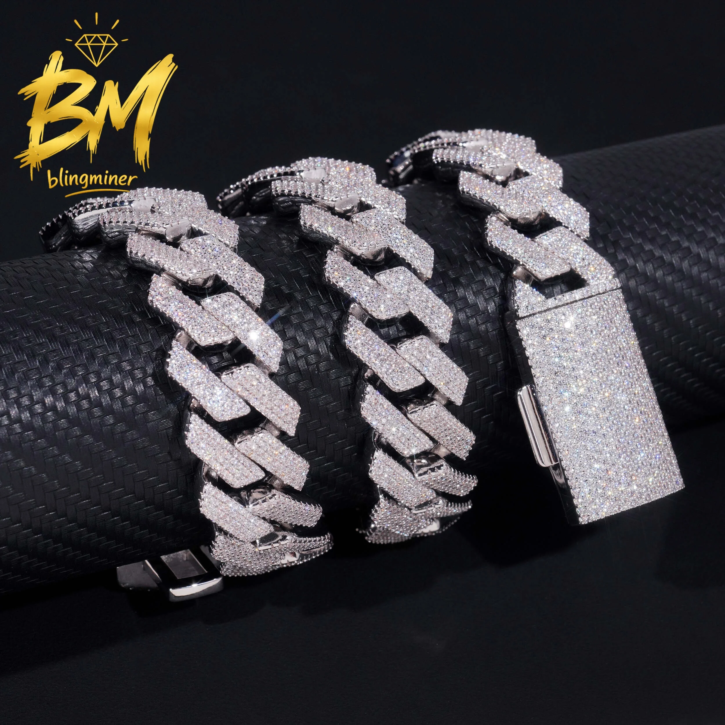 Blingminer  20mm 4 Rows S925 Silver VVS Moissanite Cuban Link Chain Iced Out Necklaces For Men Jewelry Pass Diamonds Tester With