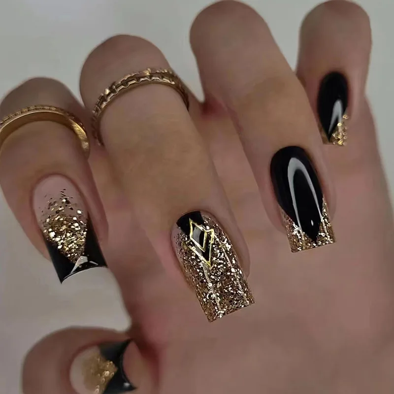 

24pcs Long Coffin Press-on Nails: Black & Gold Glitter Ombre French Tips with Rhinestones False Nails With Wearing Tools