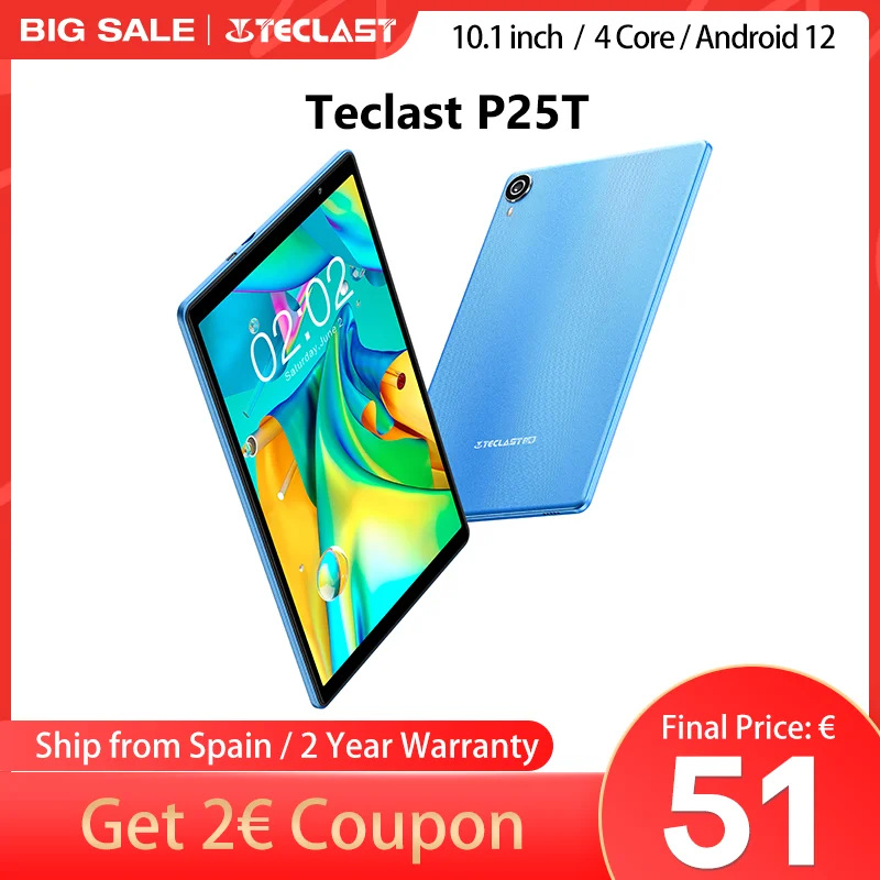 TECLAST tablet P25T Android 12 4 Core Processor 4GB RAM 64GB ROM 10,1 inch camera 2MP 5MP 5000mAh Wi-Fi 6 Type C BT 5,0, support expanding memory