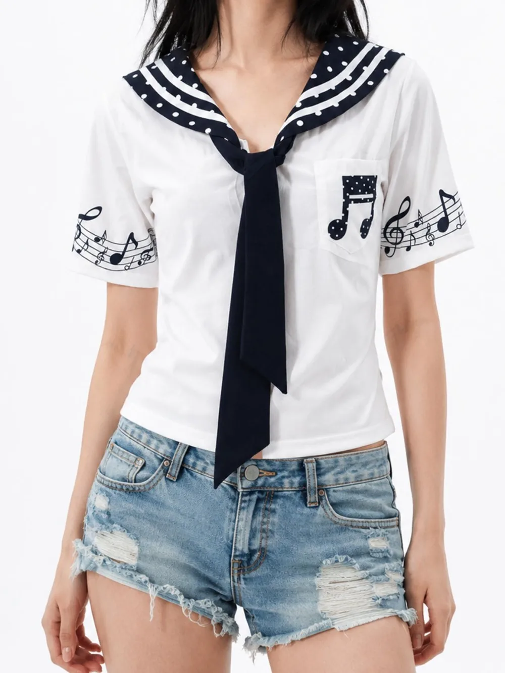 2026 new summer cute Japanese sailor short top polka dot navy collar note print short sleeved Lolita Harajuku style shirt niche