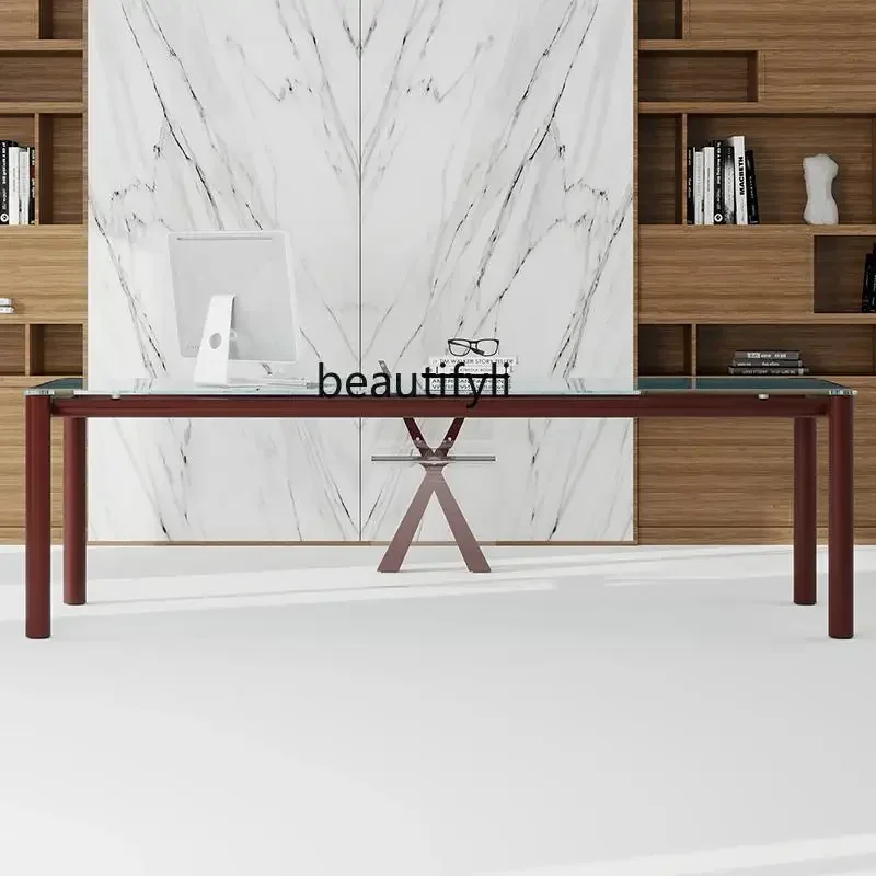 A182 C Italian light luxury, extended glass desk, modern minimalist, large flat dining table and chairs