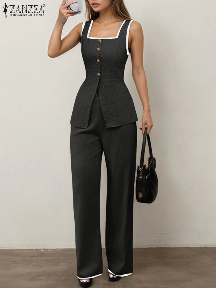 ZANZEA 여성 우아한 2 조각 세트 스퀘어 넥 민소매 탑 & 신축성있는 허리 바지 2pcs 정장 사무실 대비 파이핑 바지 세트