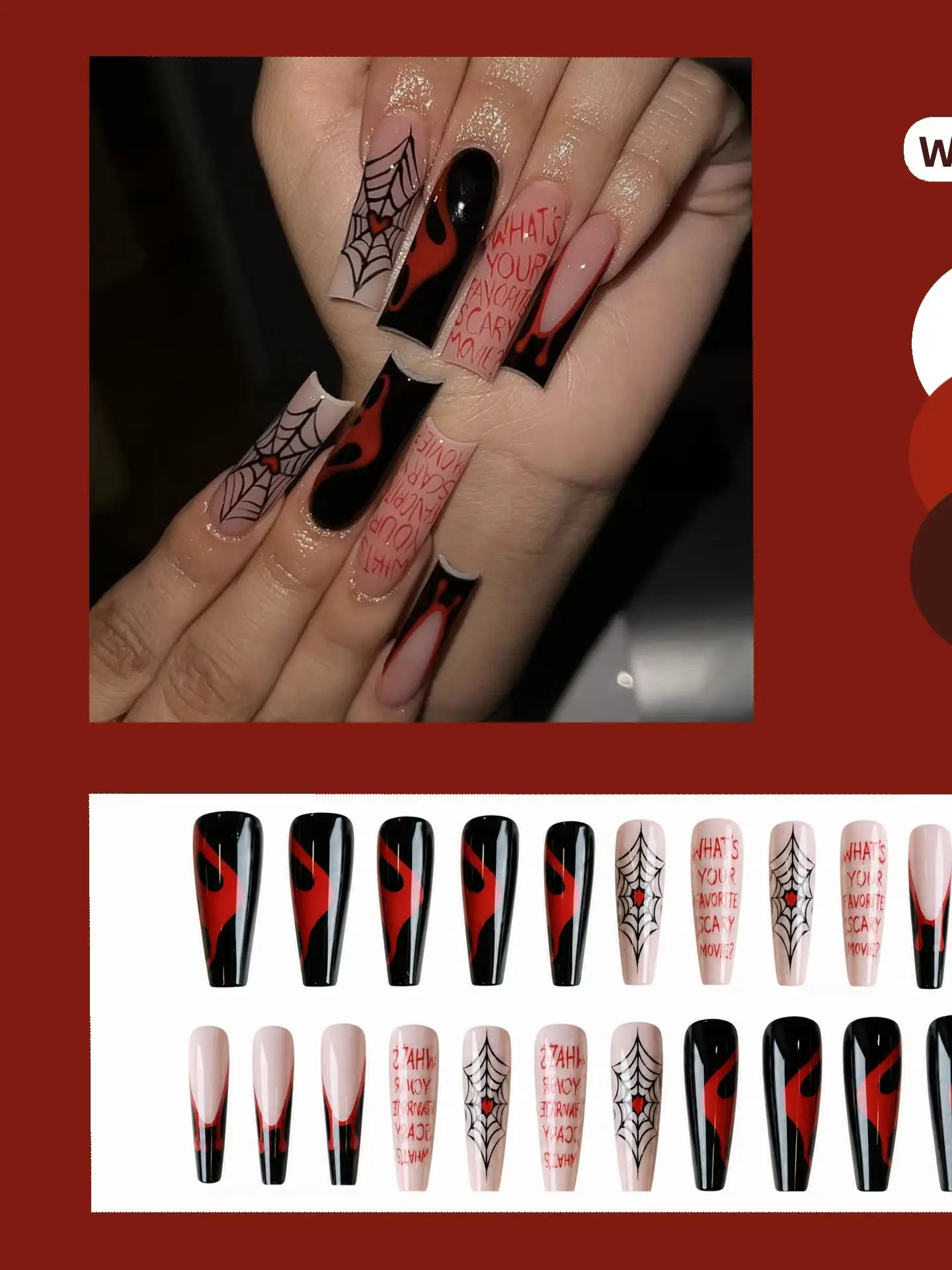 24 Stück Europäische Lange Sargförmige Aufklebenägel Gotisches Dunkles Schwarzes Spinnennetz-Design Französische Künstliche Nägel Halloween Tragbare Falsche Nägel – Detail 1