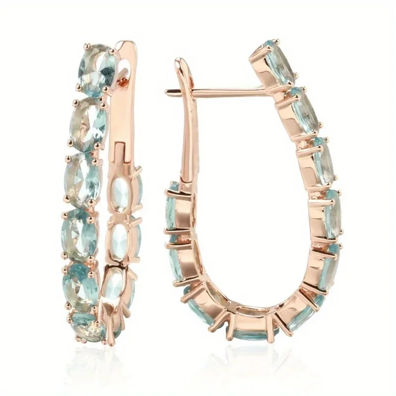 Fashion Geometric Oval-shaped Blue Synthetic Zircon Hoop Earrings for Women Exquisite Gorgeous Banquet Jewelry Accessories Gifts