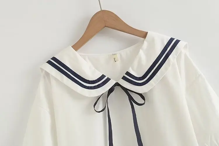 New Spring Cotton Loose Shirt Women Naval Collar Short Sleeve Top Girl Fashion Retro OL Commute Blouses 2024 Summer T45448QC