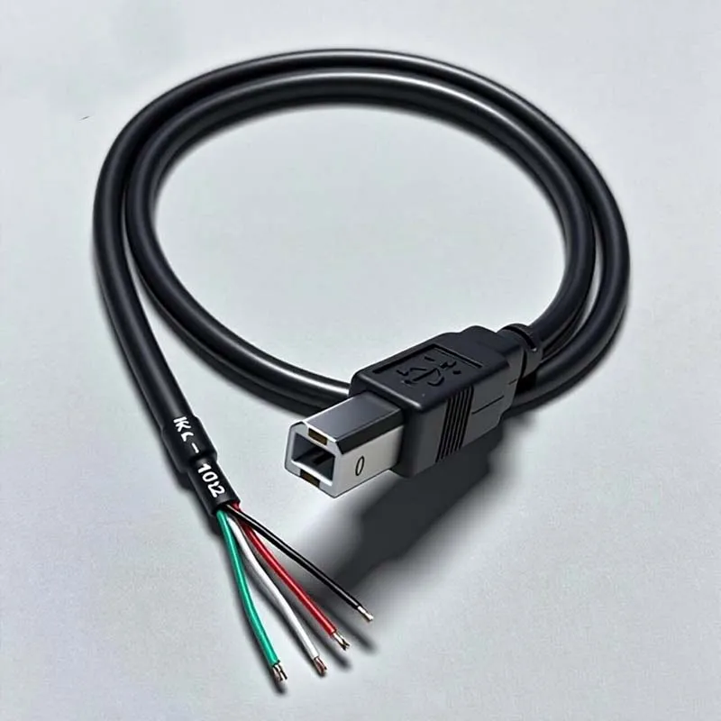 5PCS Type‑B USB Male 4‑Core Bare Wire Cable, Full Copper Double Shield Printer Data Cord, Open End Pigtail Cable for DIY Wiring