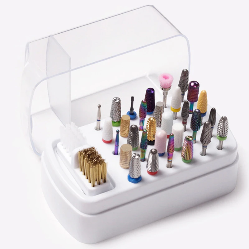 30 Holes Nail Drill Bits Holder Clear Dust Proof Drill Bit Case for Acrylic Nail Drill Bits Storage Nail Tools With Brush