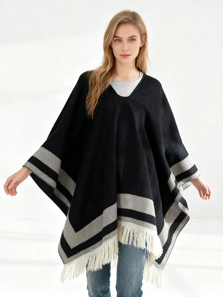 

Pullover Layers Poncho Striped Tassel Scarf Winter Women Elegant Wraps Shawl Casual Warm Scarve Capa Para Mujer Pashmina Cloak