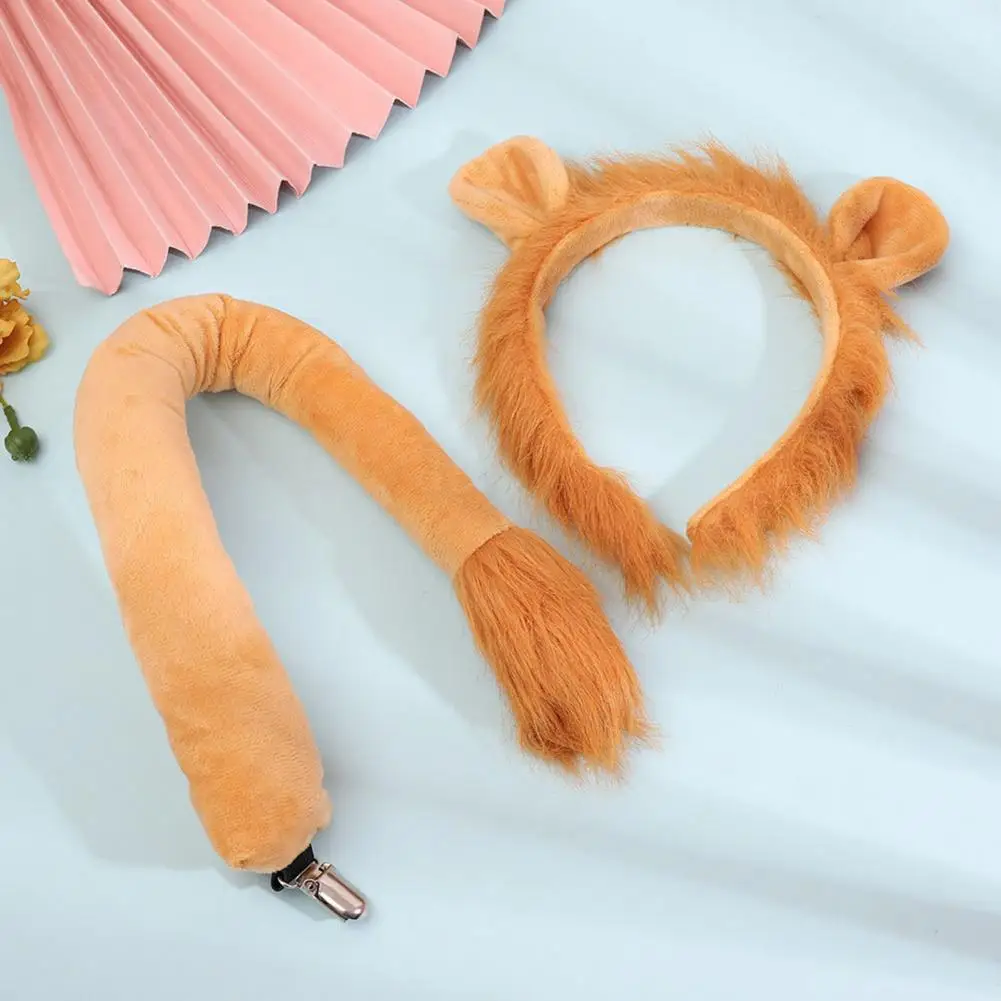 Lion Ear Headband Tail Set Lion Costume Set Ears Headband Tail Kit for Halloween Cosplay Youth Adult Soft Plush Dress-up