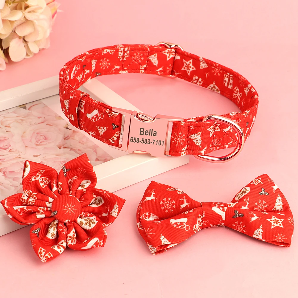 Personalized Christmas Dog Collar Customized Red Plaid Pet Collars With Bowknot Free Engraving ID Name Tag Pet Accessories