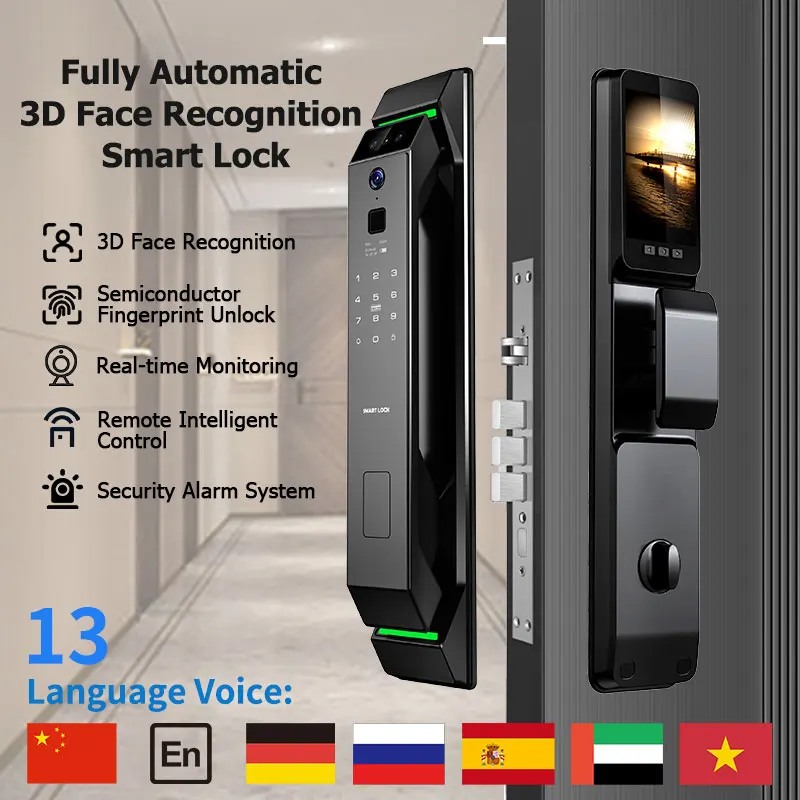 

3D Face Recognition Digital Electronic Smart Lock Fingerprint Password Card Unlock 24H Photo Capture for Home House Apartment