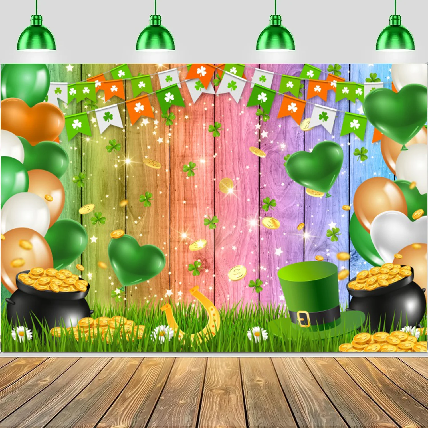 Happy St. Patrick's Day Deco Background Irish Lucky Day Shamrock Green Hat St. Patrick's Holiday Party Photography Backdrop