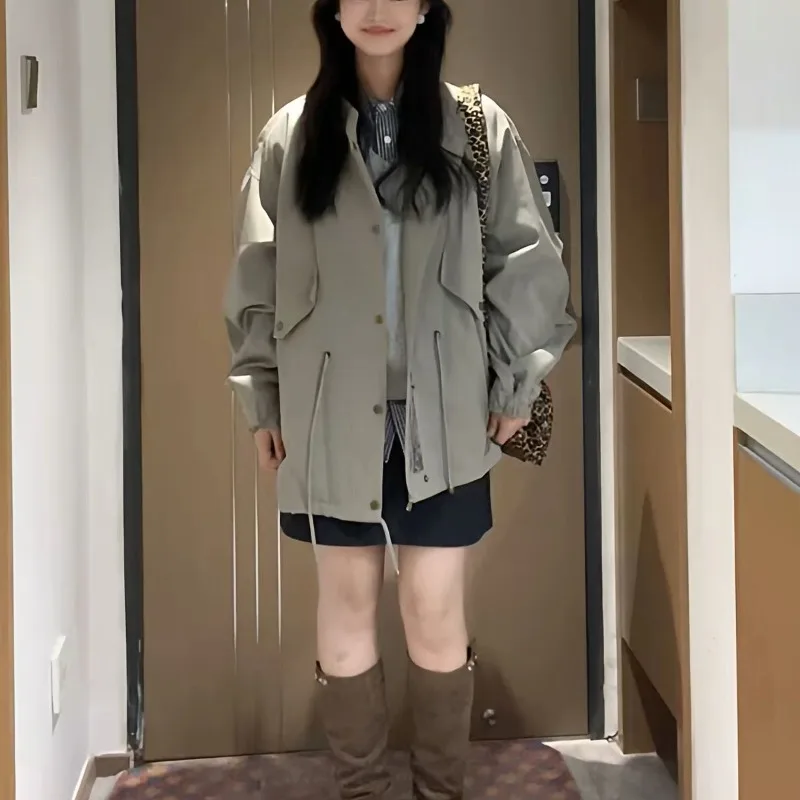 Parker Loose Stand Up Collar Trench Coat for Women, 2026 Autumn Korean Version, Large Size, Lazy and Casual Versatile Coat Trend