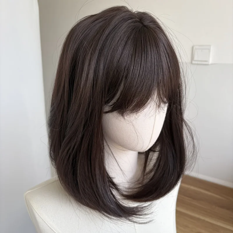 

Layered Dress Up Wig With Bangs Dark brown Straight Soft Synthetic Hair