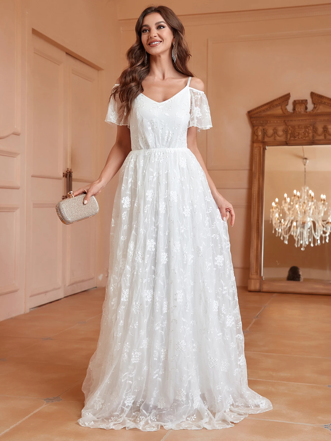 Women's sexy off shoulder suspender knitted lace wedding dress A-line elegant high-end star dress