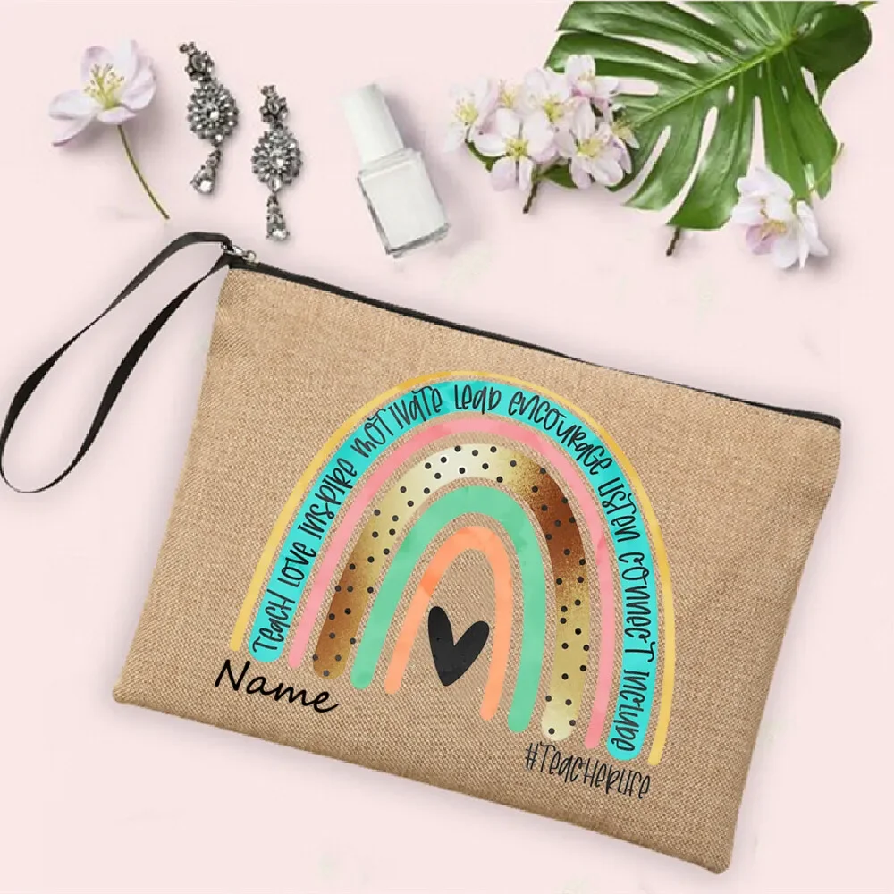 Rainbow Linen Custom Name Makeup Bag Personalized Bridesmaid Party Gift Female Lipstick perfume Storage Bag Teacher's Day Gift