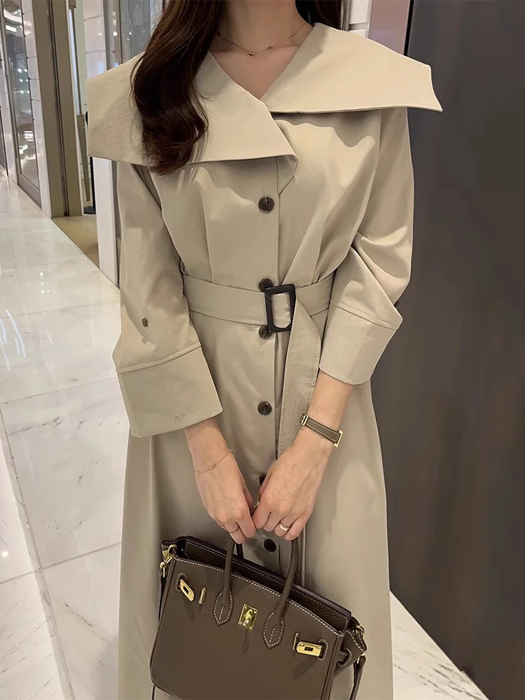 Clothland Women Stylish Trench Dress Belt Single Breasted Three Quarter Sleeve One Piece Female Chic Midi Dresses Vestido QD814