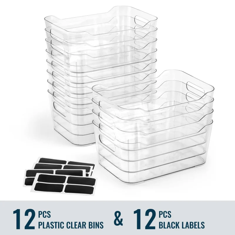 

Clear Plastic Storage Bins 12 Pack Organizer Containers with Labels for Pantry Fridge Bathroom Office Multi Purpose Stackable