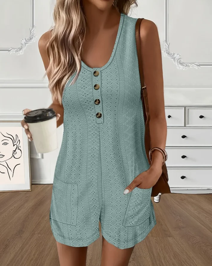 

Women's Jumpsuits Summer Female Plain Jacquard Knit Hollow Out Sleeveless Romper Casual Button Front Short Jumpsuit with Pockets