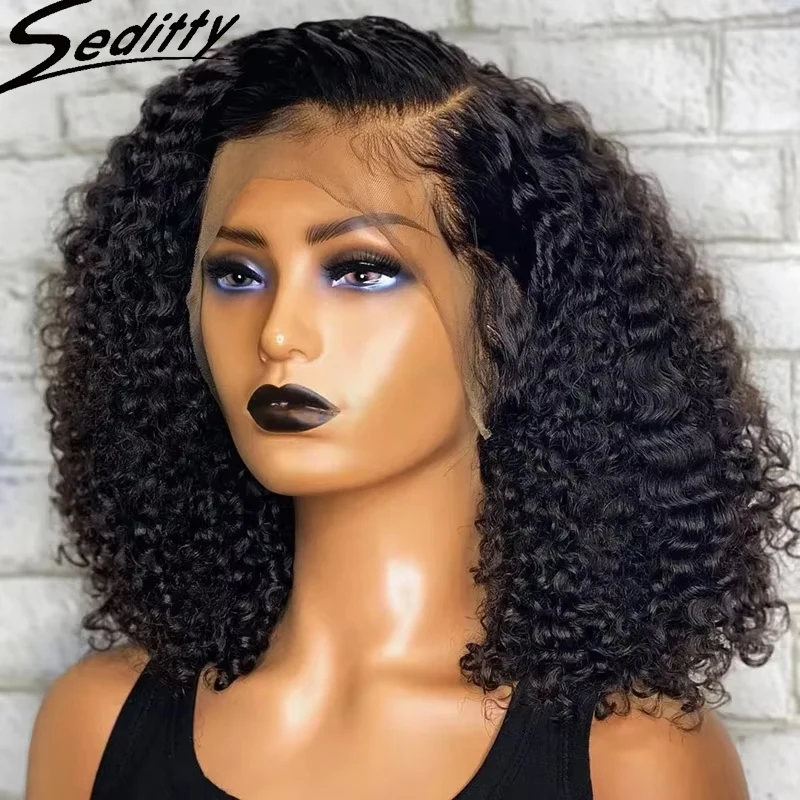 13x4 Short Curly Bob Wigs Transparent Lace Front Human Hair Wig 200% Density Brazilian Hair Deep Wave Lace Frontal Bob Wigs # 1B