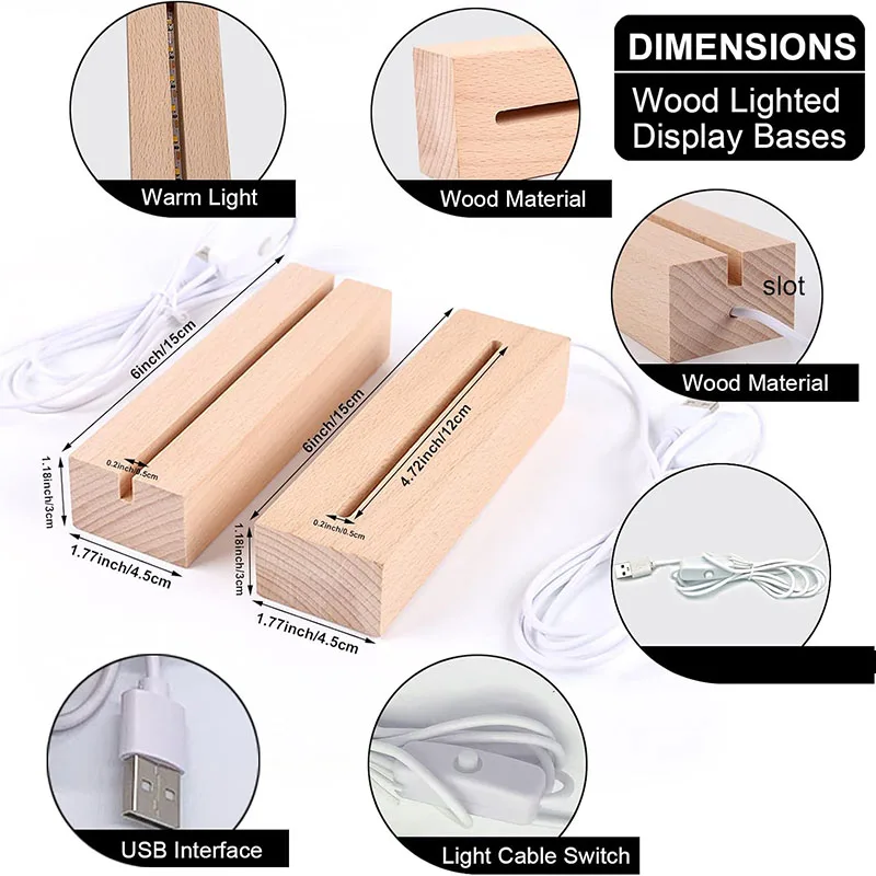 1-2개 직사각형 나무 LED 조명 디스플레이 베이스 스탠드 3D 플렉시글라스 램프 홀더 USB 야간 조명 (수제 DIY 아트 데코용)