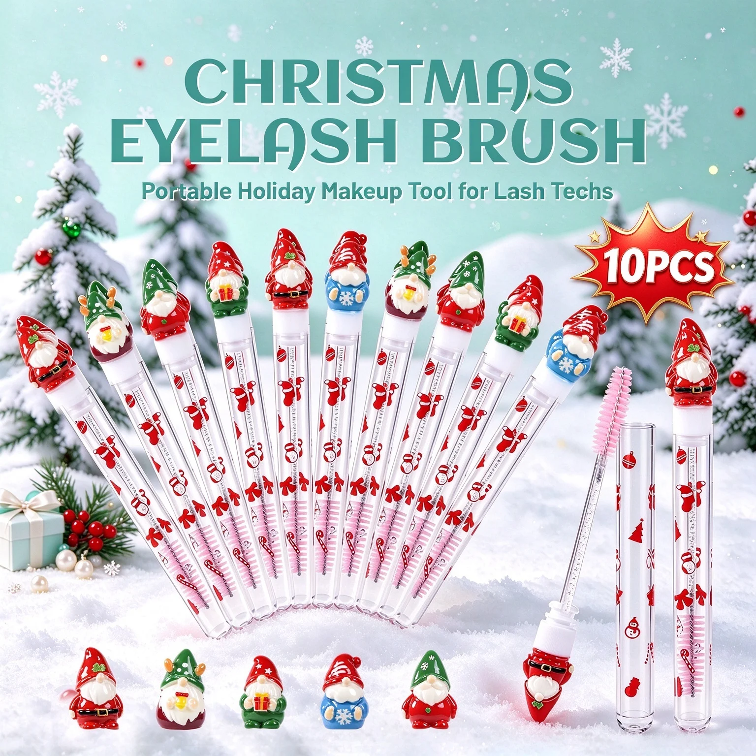 10Pcs Christmas Santa Mascara Wand Lash Spoolie Brush with Tube Reusable Eyebrow Comb Extension Makeup Tool Portable Winter Gift