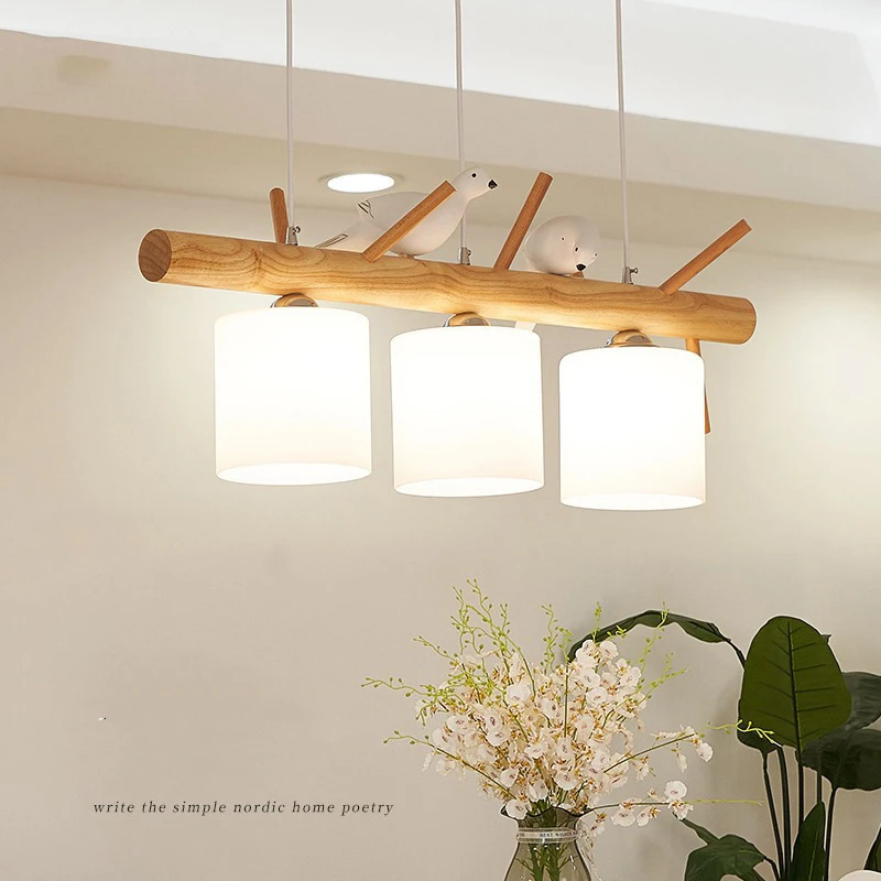 

New Nordic Minimalist Solid Wood Chandelier Kitchen Dining Room Hanging Light Indoor Decorative Branche And Birds Led Chandelier